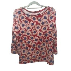 Talbots Long Sleeve Floral Print Tee L Red Pink & Blue Cotton Blend